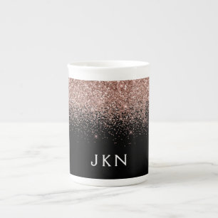 Roos Gold Blush Roze Glitter Monogram Initiaal Porselein Kop