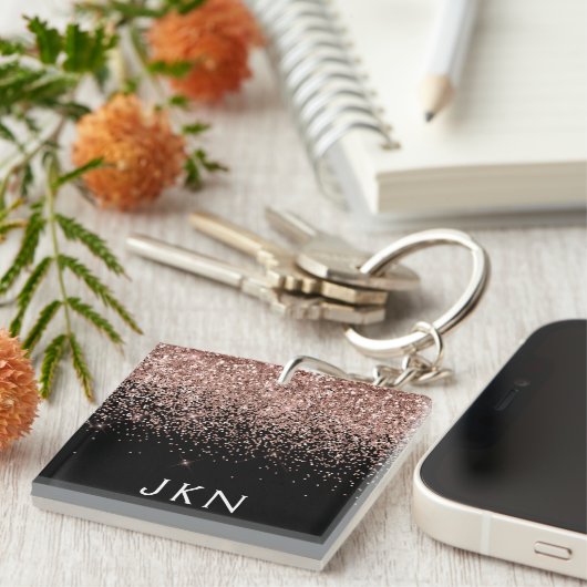 Roos Gold Blush Roze Glitter Monogram Initiaal Sleutelhanger (Voorkant Rechts)