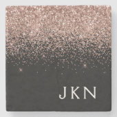 Roos Gold Blush Roze Glitter Monogram Initiaal Stenen Onderzetter (Voorkant)