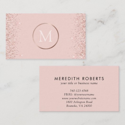 Roos Gold Blush Roze Glitter Monogram Visitekaartje (Voorkant / Achterkant)