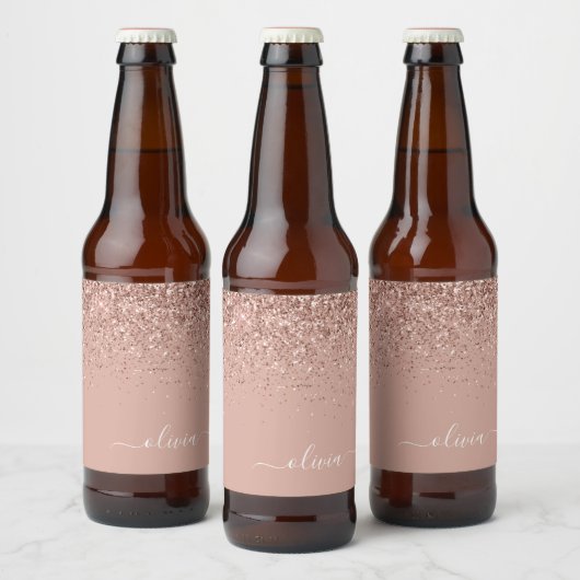 Roos Gold Blush Roze Glitter Script Monogram Girly Bier Etiket (Flessen)