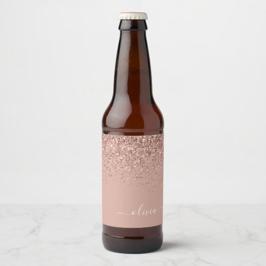 Roos Gold Blush Roze Glitter Script Monogram Girly Bier Etiket (Voorkant)