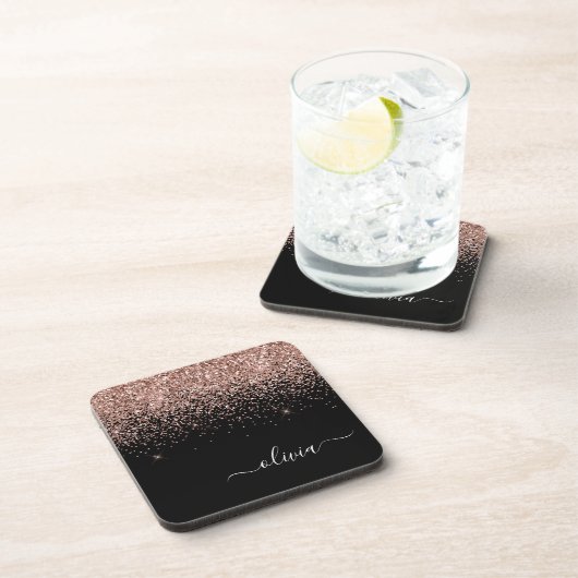 Roos Gold Blush Roze Glitter Script Monogram Girly Bier Onderzetter (Rechterzijde)