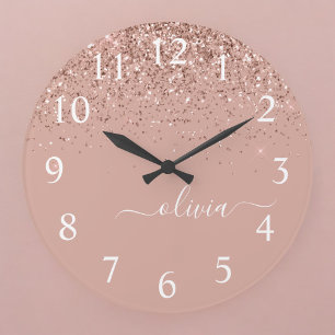 Roos Gold Blush Roze Glitter Script Monogram Girly Grote Klok