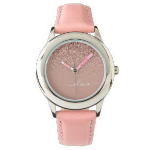 Roos Gold Blush Roze Glitter Script Monogram Girly Horloge