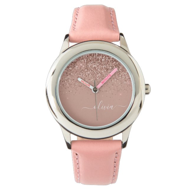 Roos Gold Blush Roze Glitter Script Monogram Girly Horloge (Voorkant)
