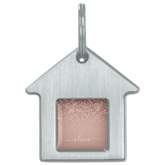 Roos Gold Blush Roze Glitter Script Monogram Girly Huisdieren Naamplaatje (Voorkant)