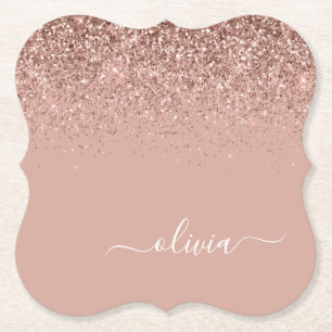 Roos Gold Blush Roze Glitter Script Monogram Girly Kartonnen Onderzetters