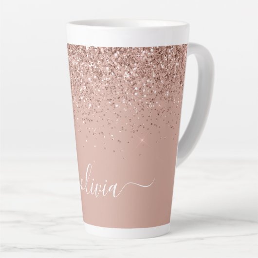 Roos Gold Blush Roze Glitter Script Monogram Girly Latte Mok (Rechterhoek)