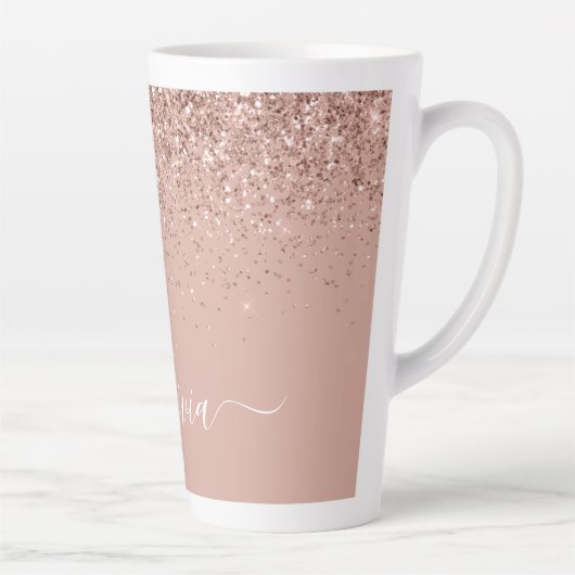 Roos Gold Blush Roze Glitter Script Monogram Girly Latte Mok (Rechts)