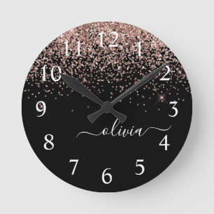 Roos Gold Blush Roze Glitter Script Monogram Girly Ronde Klok