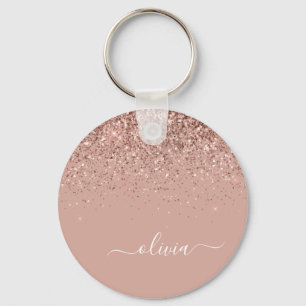 Roos Gold Blush Roze Glitter Script Monogram Girly Sleutelhanger