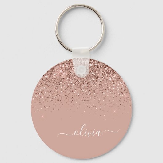 Roos Gold Blush Roze Glitter Script Monogram Girly Sleutelhanger (Voorkant)