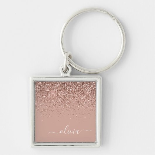 Roos Gold Blush Roze Glitter Script Monogram Girly Sleutelhanger (Voorkant)