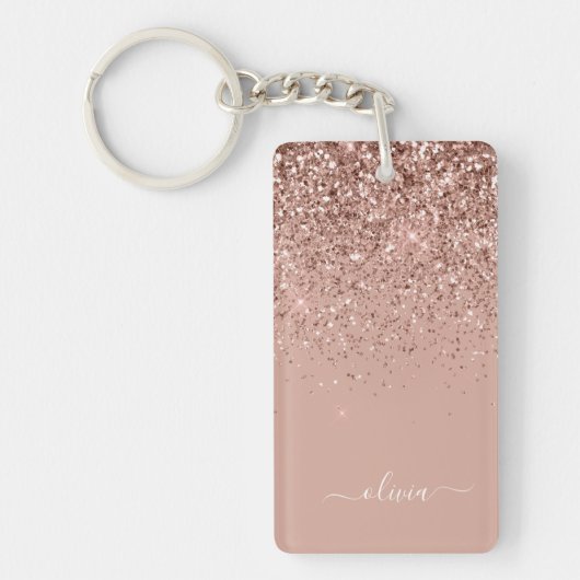 Roos Gold Blush Roze Glitter Script Monogram Girly Sleutelhanger (Voorkant)