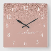 Roos Gold Blush Roze Glitter Script Monogram Girly Vierkante Klok (Voorkant)
