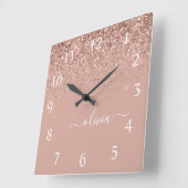 Roos Gold Blush Roze Glitter Script Monogram Girly Vierkante Klok (Hoek)