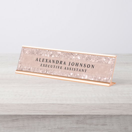 Roos Gold - Blush roze glitter Sparkle Moderne Chi Bureau Naambordje (Voorkant)