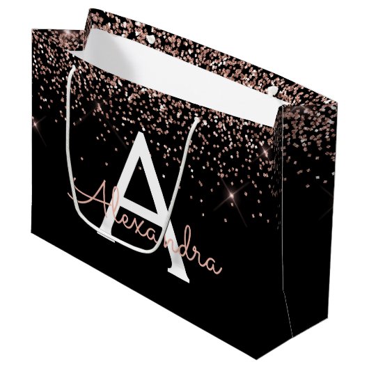Roos Gold Blush Roze Glitter & Sparkle Monogram Groot Cadeauzakje (Voorkant Gekanteld)