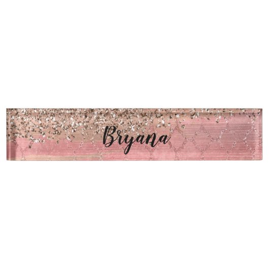 Roos Gold Blush Roze gloed Sparkle Crackle Chic Naambordje (Voorkant)
