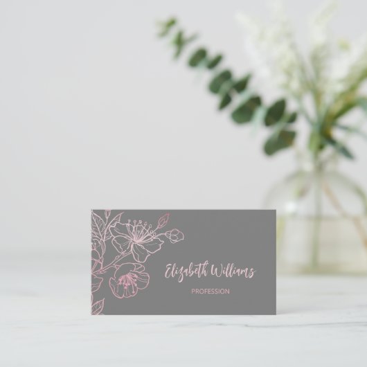 Roos Gold Blush Roze grijze Floral | QR-code Visitekaartje (Staand voorkant)