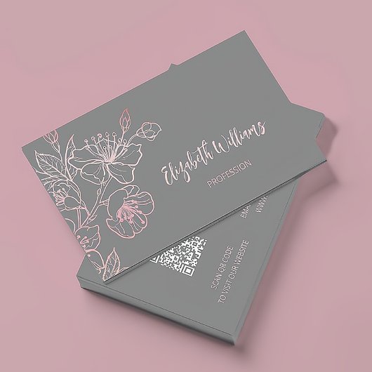 Roos Gold Blush Roze grijze Floral | QR-code Visitekaartje