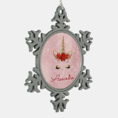 Roos Gold - Blush Roze Kerst Eenhoorn Monogram Tin Sneeuwvlok Ornament (Links)
