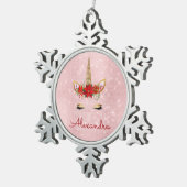 Roos Gold - Blush Roze Kerst Eenhoorn Monogram Tin Sneeuwvlok Ornament (Rechts)