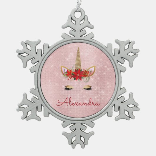 Roos Gold - Blush Roze Kerst Eenhoorn Monogram Tin Sneeuwvlok Ornament (Voorkant)