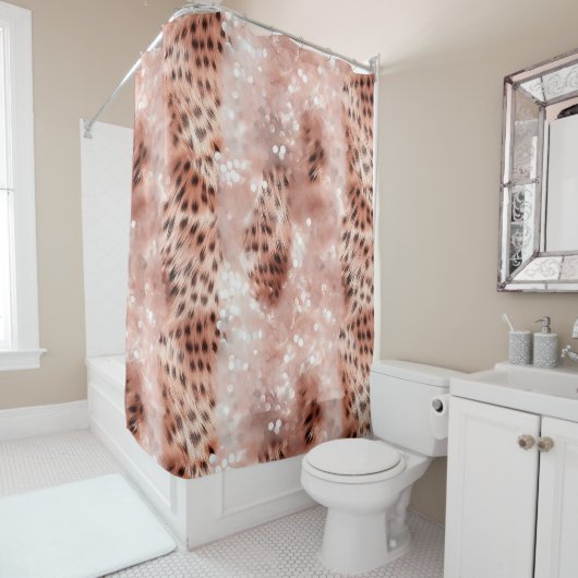 Roos Gold Blush Roze Leopard Sparkle Douchegordijn (In situ)