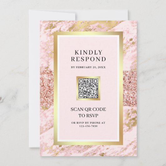 Roos Gold Blush Roze Marmer QR Code Huwelijk Kaart (Achterkant)