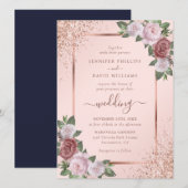 Roos Gold Blush Roze Navy Blue Floral Wedding Kaart (Voorkant / Achterkant)