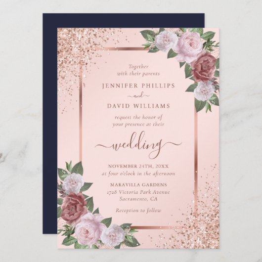 Roos Gold Blush Roze Navy Blue Floral Wedding Kaart (Voorkant / Achterkant)