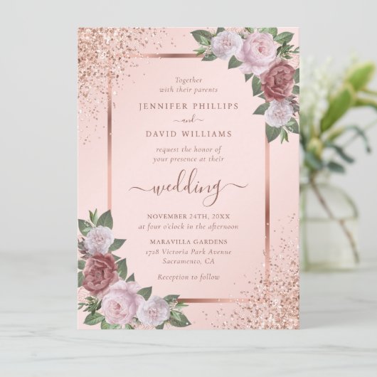 Roos Gold Blush Roze Navy Blue Floral Wedding Kaart (Staand voorkant)