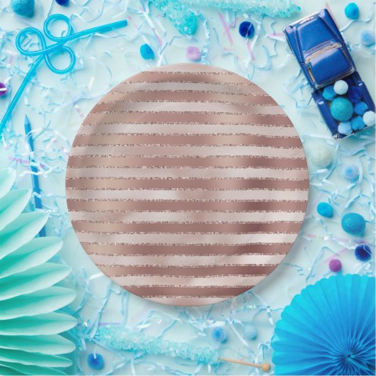 Roos Gold Blush Roze Strepen Glitz Papieren Bordje (Feest)