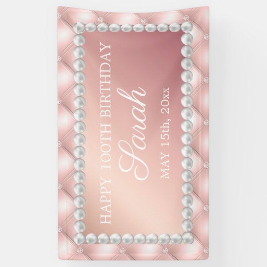 Roos Gold Blush Roze Witte Parels 100e Verjaardag Spandoek (Verticaal)