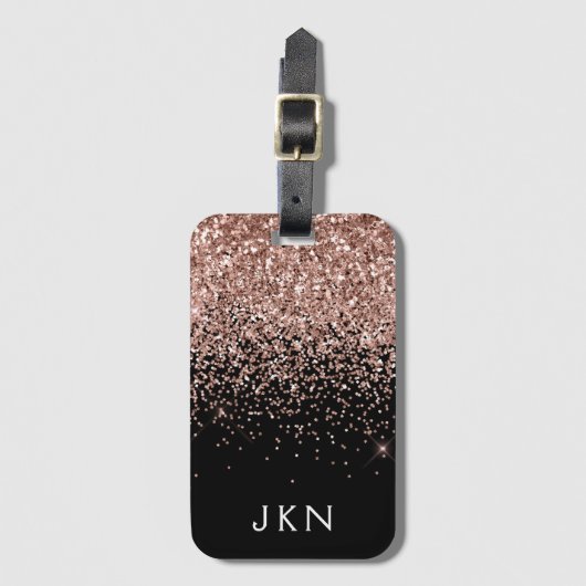 Roos Gold Blush Roze zwart Glitter Monogram Bagagelabel (Voorkant (verticaal))