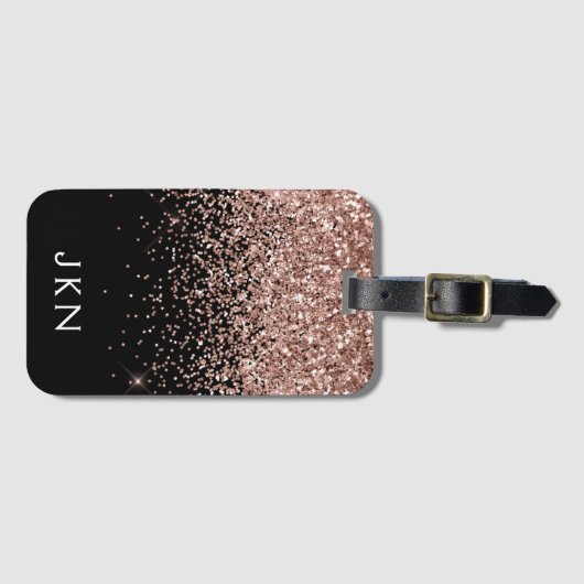 Roos Gold Blush Roze zwart Glitter Monogram Bagagelabel (Voorkant (horizontaal))
