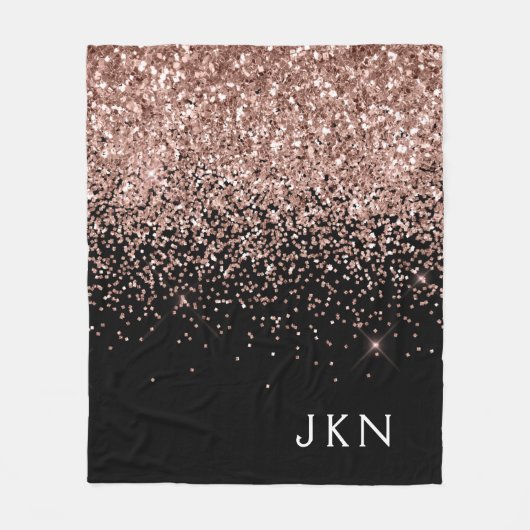 Roos Gold Blush Roze zwart Glitter Monogram Fleece Deken (Voorkant)