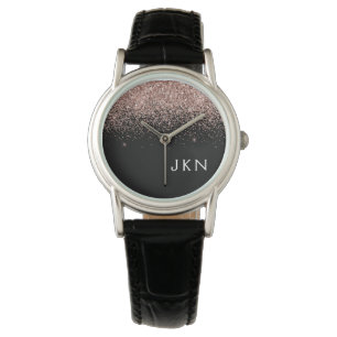 Roos Gold Blush roze zwart Glitter Monogram Girly Horloge