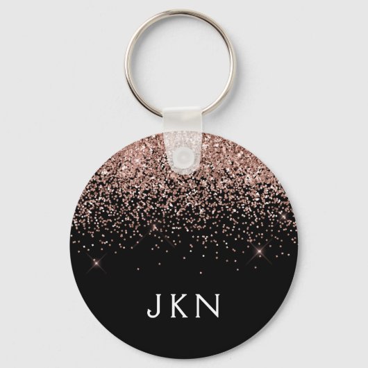 Roos Gold Blush roze zwart Glitter Monogram Girly Sleutelhanger (Voorkant)