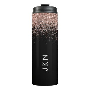 Roos Gold Blush roze zwart Glitter Monogram Girly Thermosbeker