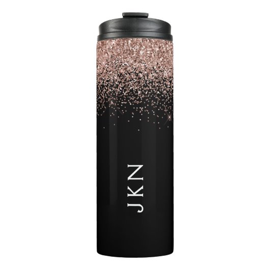 Roos Gold Blush roze zwart Glitter Monogram Girly Thermosbeker (Voorkant)