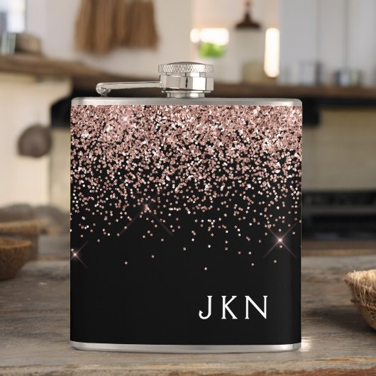 Roos Gold Blush Roze zwart Glitter Monogram Heupfles