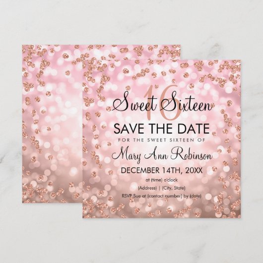 Roos Gold Blush Sweet 16 Zestien Glitterlichten Kaart (Voorkant / Achterkant)