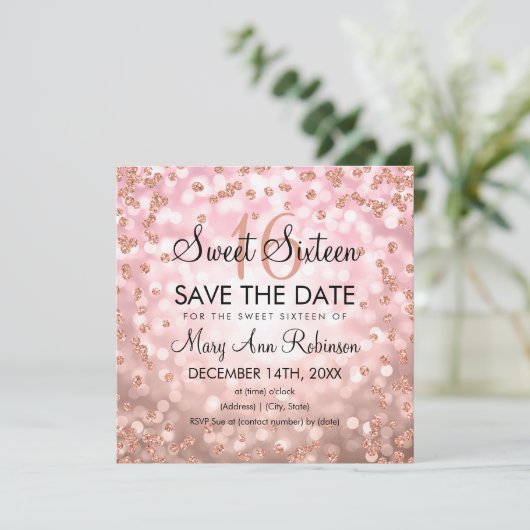 Roos Gold Blush Sweet 16 Zestien Glitterlichten Kaart (Staand voorkant)