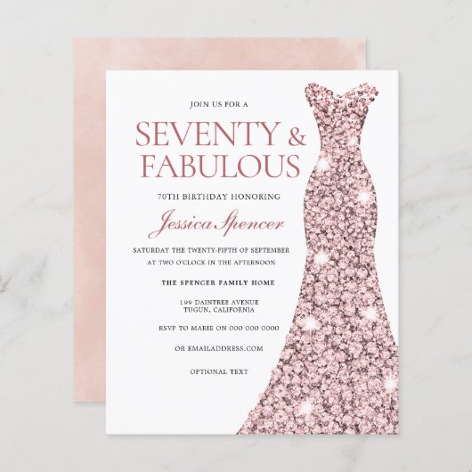 Roos Gold Blush-uitgang 70th Birthday Budget Invit (Voorkant / Achterkant)