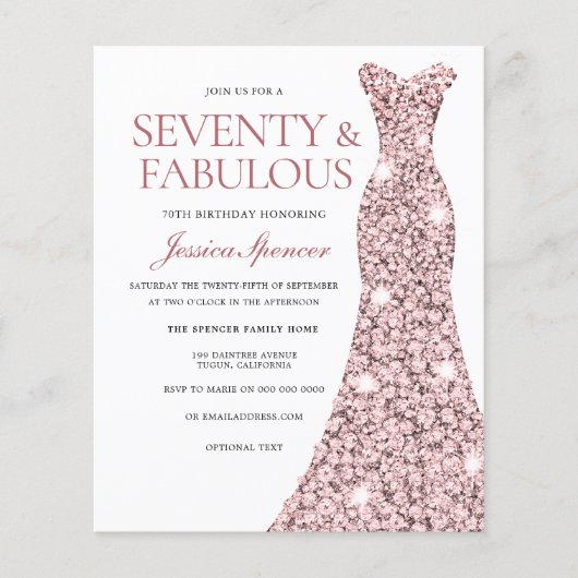Roos Gold Blush-uitgang 70th Birthday Budget Invit (Voorkant)