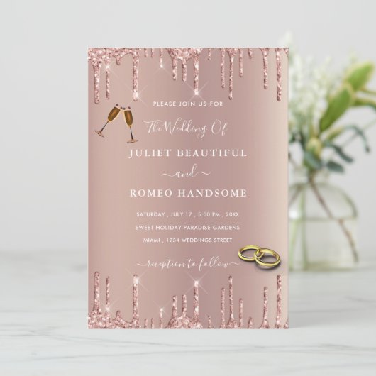 Roos Gold Blush Wedding Invitation Sparkle Drids Kaart (Staand voorkant)