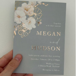 Roos Gold & Blush Wildflower Bruiloft Stoffig Blau Folie Uitnodiging